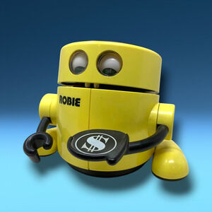 Vintage 1980's Robie the Robot Banker Bank Radio Shack Yellow Whimsical VIDEO